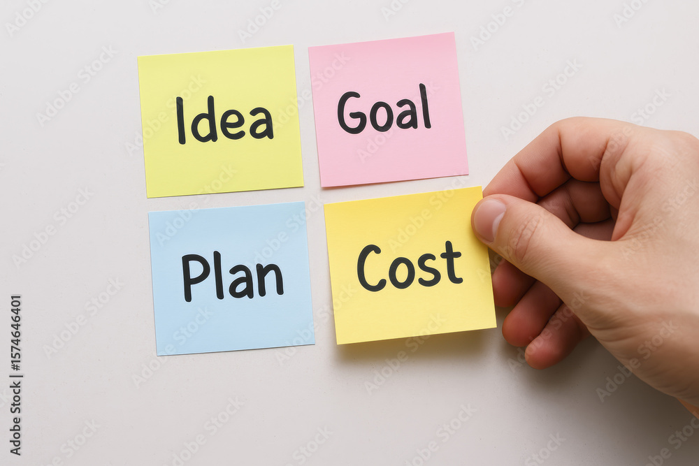 Aufkleber a arranges notes highlighting concepts that represent strategic planning goal setting and financial 