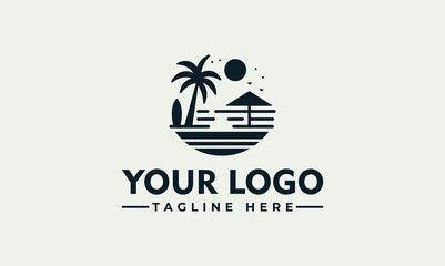 A stylized black and white logo depicting a tropical beach scene.