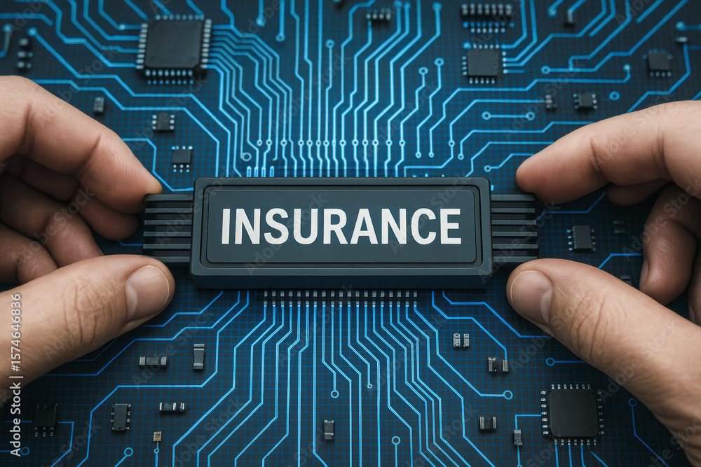 Poster the concept protection is digitally integrated as two hands position a chip marked insurance within 