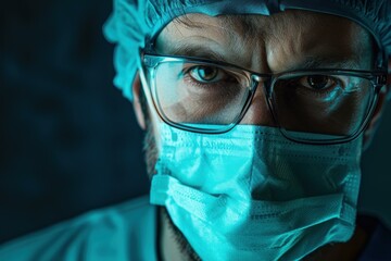 Close up of a surgeon wearing protective glasses and mask, focused and ready for surgery