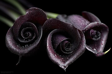 Black roses and calla lilies with dewdrops, placed in deep darkness, evoke sorrow and quiet melancholy.
