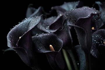 Black roses and calla lilies with dewdrops, placed in deep darkness, evoke sorrow and quiet melancholy.
