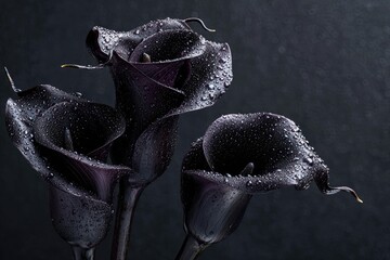 Black roses and calla lilies with dewdrops, placed in deep darkness, evoke sorrow and quiet melancholy.
