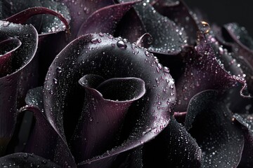 Black roses and calla lilies with dewdrops, placed in deep darkness, evoke sorrow and quiet melancholy.
