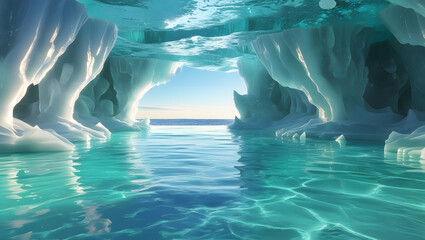 Turquoise Underwater Ice Cave with Light Patterns and Ocean View – Arctic Nature 
