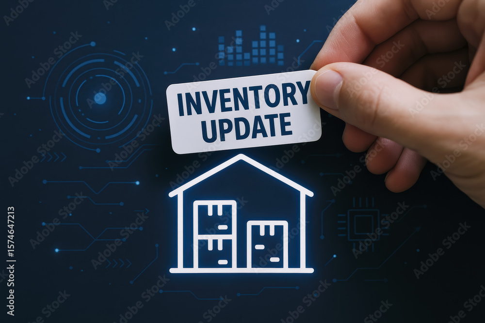 Poster a managing stock levels symbolizes efficient inventory control through technology and automated upda