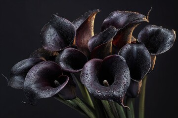 Black roses and calla lilies with dewdrops, placed in deep darkness, evoke sorrow and quiet melancholy.
