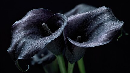 Black roses and calla lilies with dewdrops, placed in deep darkness, evoke sorrow and quiet melancholy.
