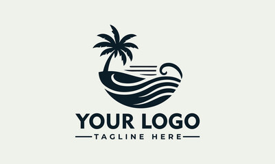 A stylized black and white logo depicting a tropical beach scene.