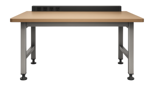 Workbench with a laminated MDF surface and a power strip, suitable for a carpentry workshop.