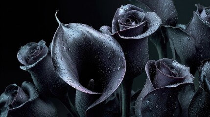 Black roses and calla lilies with dewdrops, placed in deep darkness, evoke sorrow and quiet melancholy.
