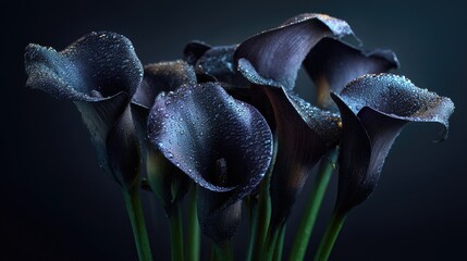 Black roses and calla lilies with dewdrops, placed in deep darkness, evoke sorrow and quiet melancholy.
