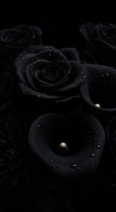 Black roses and calla lilies with dewdrops, placed in deep darkness, evoke sorrow and quiet melancholy.
