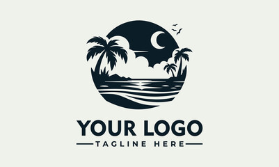 Fototapeta premium A stylized black and white logo depicting a tropical beach scene at night.