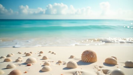 Summer travel background from beach sand with starfish and seashell.