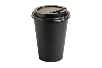 Black paper coffee cup with black lid and drinking slot, isolated on a transparent background