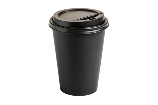 Black paper coffee cup with black lid and drinking slot, isolated on a transparent background - Powered by Adobe