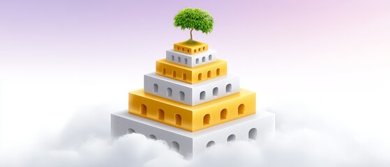 Naklejka premium Isometric illustration of a pyramidal structure surrounded by clouds conceptual nature environment digital art