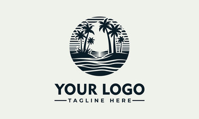A stylized black and white logo depicting a tropical beach scene.