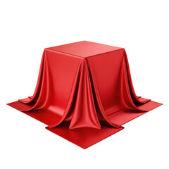 PNG a red cube draped in luxurious, elegant red fabric, dramatic lighting, high-quality, photorealistic
