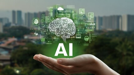 Sustainability Focused AI Hologram Sphere in Urban Green Background with Digital Brain