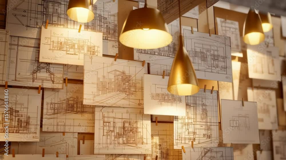 Poster Drafting Studio with Illuminated Sketches and Blueprints Hanging from the Wall