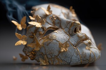 Cracked porcelain mask releases golden ethereal birds, surreal transformation in darkness
