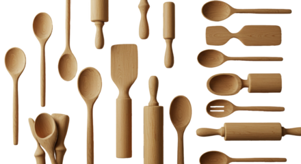 Assortment of Wooden Kitchen Utensils Spoons Spatulas and Rolling Pins.