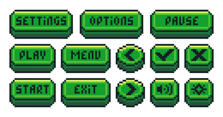 Interface menu pixel buttons. Video game UI navigation panel, retro 8 bit sprite game app navigation icons play pause menu settings options exit, old school game symbols. Vector set