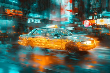 Obraz premium Neon Taxi in Rainy Urban Environment at Night