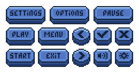 Interface menu pixel buttons. Video game UI navigation panel, retro 8 bit sprite game app icons play pause menu settings options exit. Old school game symbols. Vector isolated set