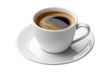 White coffee cup with saucer filled with black coffee showing golden foam and surface bubbles, isolated on a transparent background