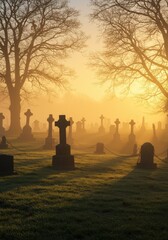 A foggy graveyard at dawn, where tombstones and trees appear in silhouette beneath the gentle sunrise glow.
