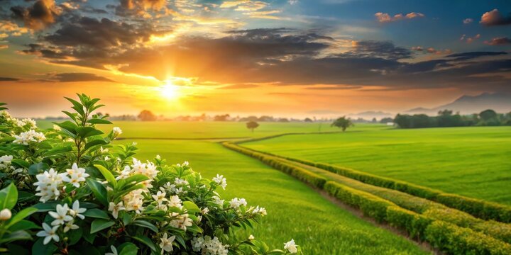 Lush green fields with blooming jasmine flowers and a serene sunset in the background