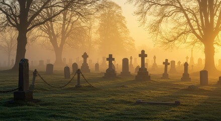 A foggy graveyard at dawn, where tombstones and trees appear in silhouette beneath the gentle sunrise glow.
