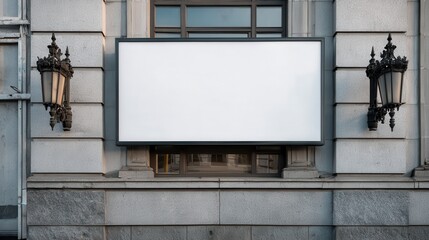 High quality photo of signboard poster mockup on a facade of the building, blank space to display your advertising or branding campaign.