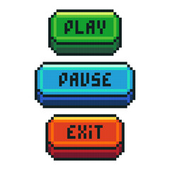 Video game pixel buttons. 2D retro 8 bit game interface elements, play, pause and exit navigation buttons, inventory menu old school game symbols. Vector set
