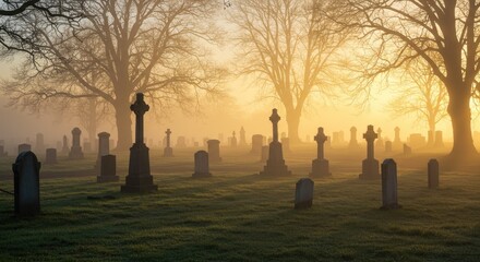 A foggy graveyard at dawn, where tombstones and trees appear in silhouette beneath the gentle sunrise glow.
