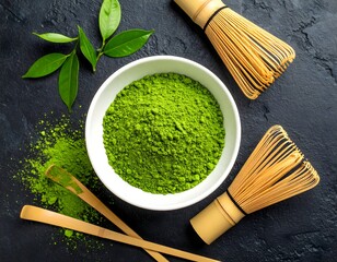Japanese Matcha Tea Ceremony Tools with Fresh Green Powder and Leaves