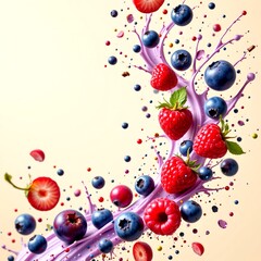 Fototapeta premium artistic splash of blueberries and raspberries falling through air, frozen motion, light beige background with space above for text