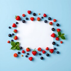 top view of fresh berries scattered randomly on a light blue background, empty white area across the bottom for overlay text