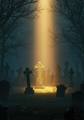 A foggy graveyard at dawn, where tombstones and trees appear in silhouette beneath the gentle sunrise glow.
