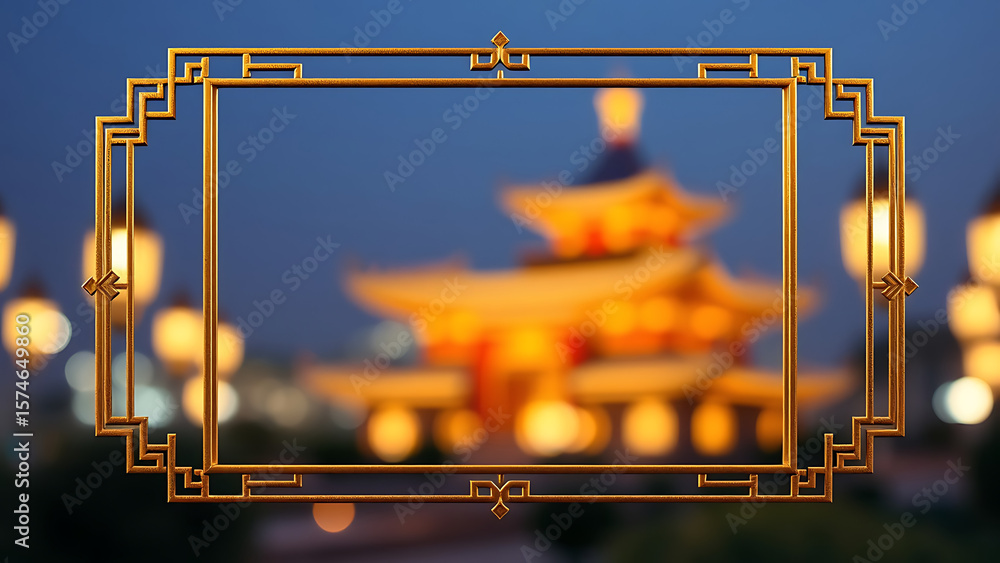 Poster rectangle vintage gold frame for web presentation horizontal border in oriental style with transpare