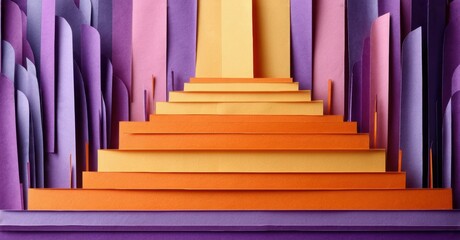Obraz premium Papercraft steps ascend toward central pillar. Warm colors contrast purple background. Minimalist design, geometric shapes create depth.