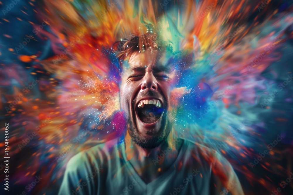 Poster man screaming with colorful powder exploding from his head, expressing intense emotion and energy