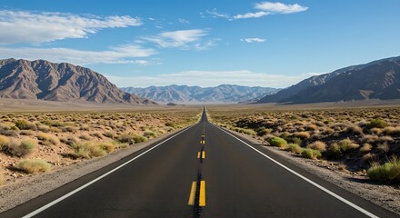 The dramatic perspective of the straight road leading into the unknown, flanked by dry brush and towering mountains, speaks to resilience, potential, and the continuous pursuit of goals.