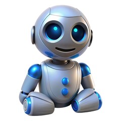 Cute friendly robot with blue eyes and metallic body isolated on white background