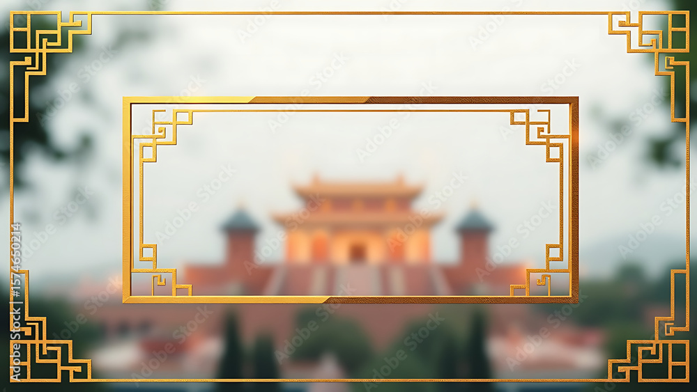 Poster rectangle vintage gold frame for web presentation horizontal border in oriental style with transpare