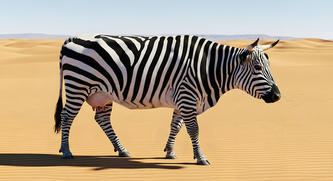 Surreal cow with zebra stripes walking across a desert – isolated landscape, conceptual art