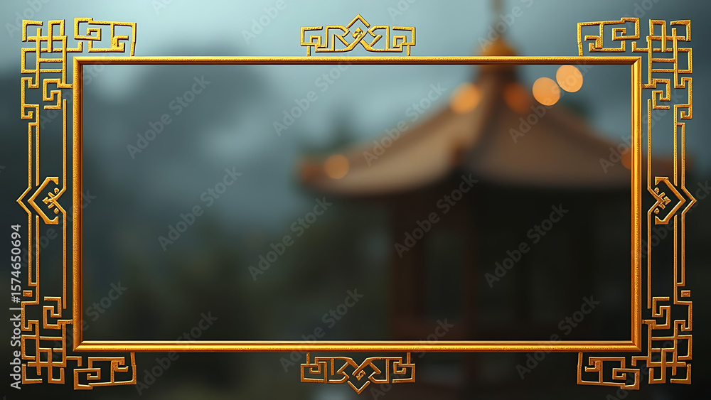 Poster rectangle vintage gold frame for web presentation horizontal border in oriental style with transpare